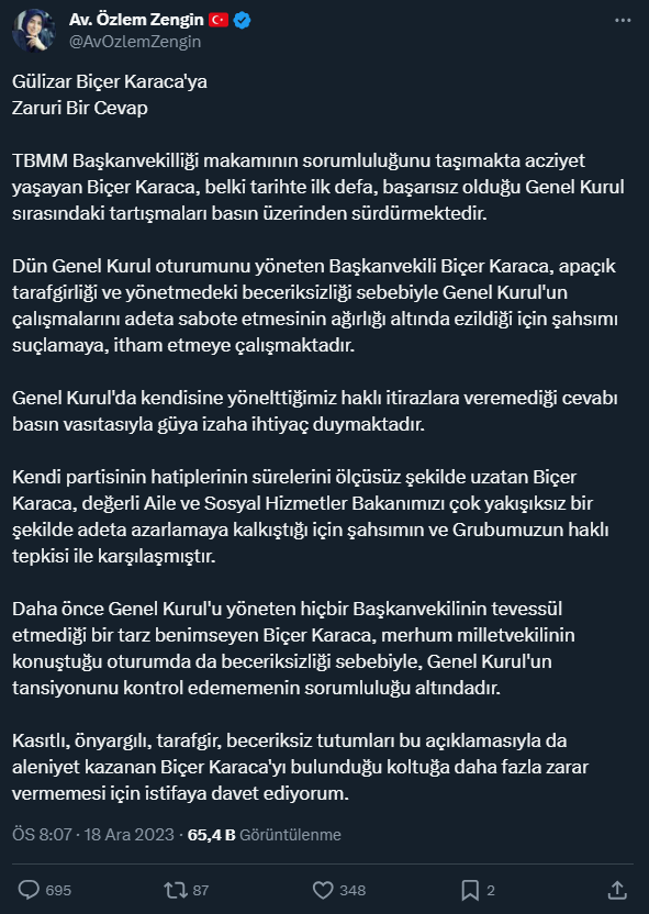 AK Parti Grup Başkanvekili Özlem Zengin, TBMM Başkanvekili Gülizar Biçer Karaca'yı istifaya çağırdı