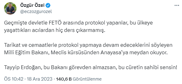 Özgür Özel: Erdoğan, Milli Eğitim Bakanı'nı görevden almazsan bu cüretin sahibi sensin